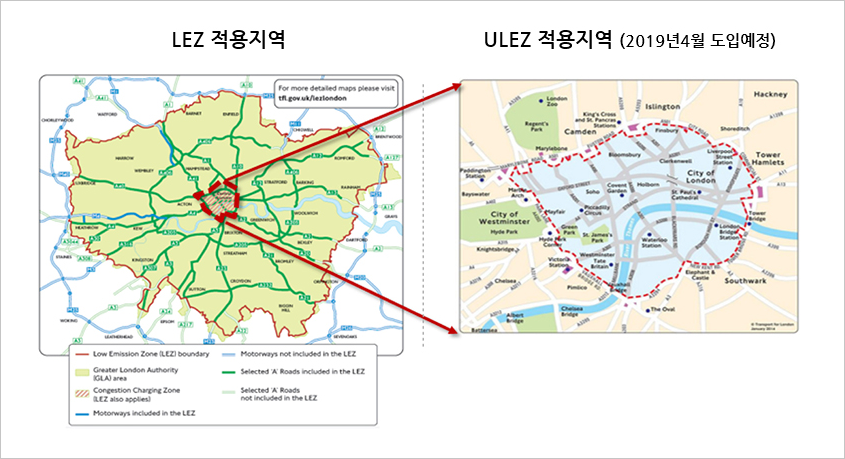 LEZ 적용지역→ULEZ 적용지역 (2019년4월 도입예정)